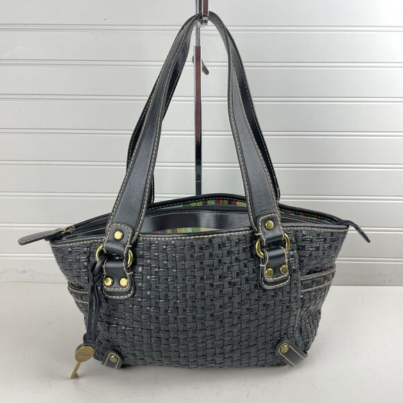 Fossil Modern Vintage Raffia Black Rattan Leather Woven Satchel Shoulder Bag Key - Picture 1 of 16